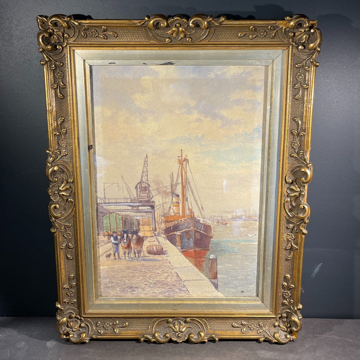Emile Lhernault "quai à Bruxelles" Watercolour Painting Marine Seascape Halage, Ca 1910-photo-2